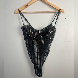 Victoria's Secret Black Mesh Corset Bodysuit 36C Sheer Bustier Lingerie